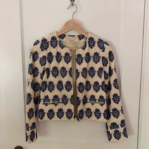 JCrew cropped jacket with blue embroidery